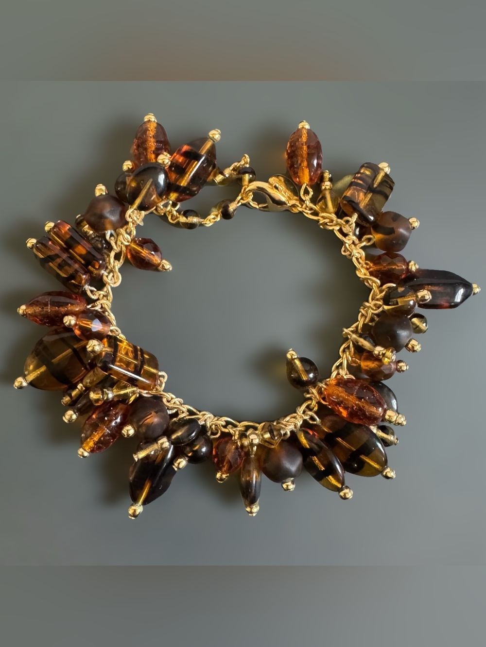 Vtg Joan Rivers Gold Tone Amber Tiger Czech Glass Cluster Dangle Bracelet ChaCha
